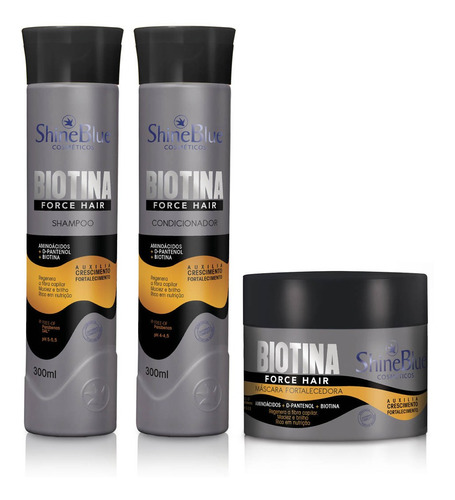 Kit  Biotina Force Shine Blue Shampoo Condicionador Máscara