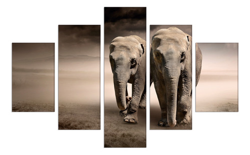 Set De 5 Cuadros Canvas Dos Elefantes 114x185cm
