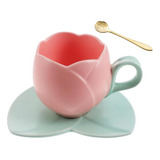 Taza De Café Y Platillo De Cerámica Con Tulipán Crema