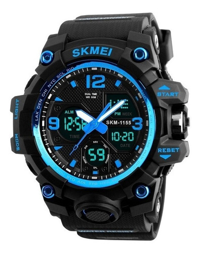 Reloj Pulsera Skmei 1155 De Cuerpo Color Negro, Analógico-digital, Para Hombre, Fondo Negro, Con Correa De Poliuretano Color Negro, Agujas Color Blanco Y Azul, Dial Azul, Subesferas Color Negro, Minut