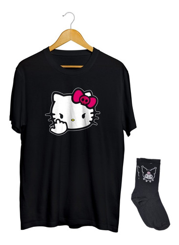 Playera Y Calcetas Negras Anime Hello Kitty Grosera Sanrio
