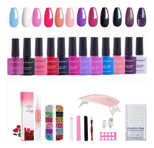 12 Colore Kit Uñas Completo Lampara Esmaltes Gel Semipermane