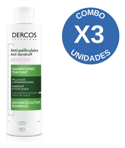 Pack X3 Vichy Dercos Shampoo Anticaspa Sensible 200 Ml