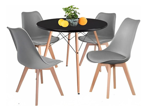 Comedor Mesa Eames Redonda Negra 80cms + 4 Sillas Tulip Gris