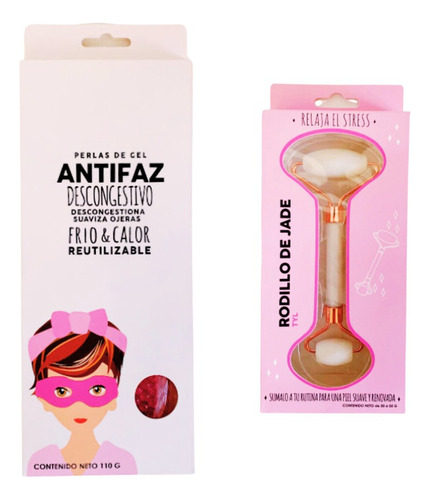 Rodillo Facial De Jade + Antifaz Frío/calor Perlas De Gel Color Antifaz Rosa