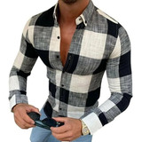 Camisa Casual Masculina Xadrez Com Botões Manga Longa
