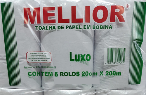 Papel Toalha Em Bobina Luxo Mellior 6 Rolos 20cm X 200m