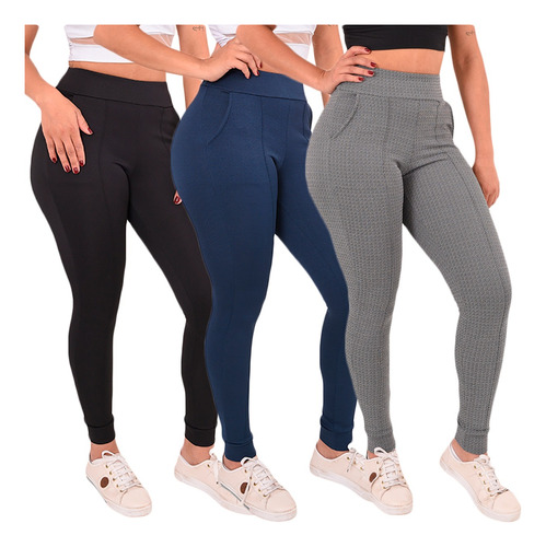 Kit 3 Calças Feminina Slim Elastano Jogger Malha Crepe