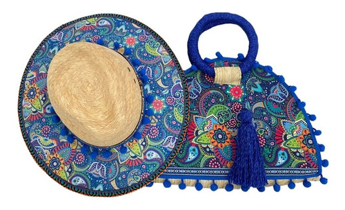 Kit Bolsa Sombrero Palma Artesanal Mujer Playa Casual Azul