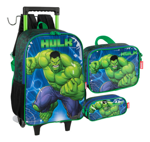 Kit Mochila De Rodinhas + Lancheira + Estojo Hulk Infantil