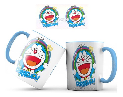 Mug Pocillo Doraemon Gato Cosmico Interior Y Oreja Azul