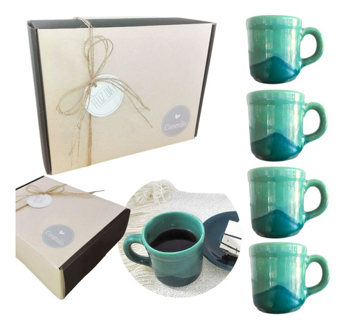 Set Tazas X4 Box Regalo Artesanal Kit Cerámica Caja Kvjp071