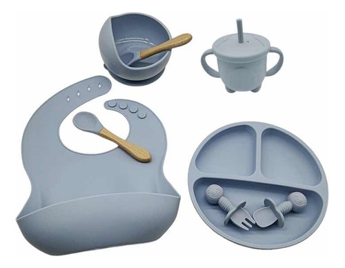 Set De Vajilla Silicona Sin Bpa Succión Plato Babero Vaso