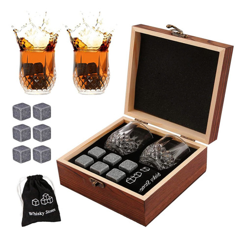 Whiskey Stones Set Granito Chill+2 Vasos Whiskey Caja Madera