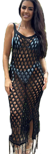 Saida De Praia Vestido Longo Trico Croche Transparente Luxo