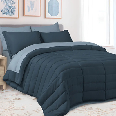 Set de 7 Piezas Edredón Acolchado y Sábanas Queen Dreamlab, Colcha para Cualquier Temporada, Hipoalergénica, Color Azul Noche y Azul Mezclilla | Envío gratis