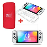 Kit Bag + Case + Película De Vidro Para Nintendo Switch Oled Cor Bag Vermelha + Capa Acrílico Transparente
