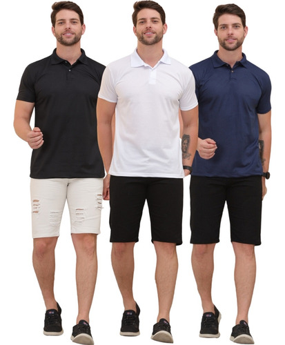 Kit 3 Camisas Gola Polo Com Listras De Diversas Cores