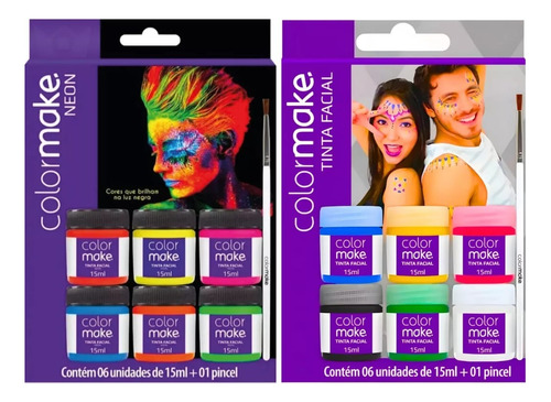 Kit Tinta Facial 6 Cores + 6 Neon 15ml + Pincel - Colormake