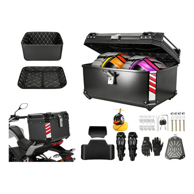 Caja trasera Cajuela para moto Top case 65L,ABS Impermeable Gran Capacidad para 2 Cascos Completos,con Acolchado,Rodilleras y Guantes para Motociclista,Gran Capacidad,Resistente al Agua y Golpes,Negro | Meses sin interés