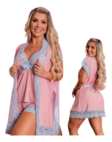 Kit Baby Doll + Robe Em Liganete Com Renda Algodão Doce