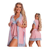 Kit Baby Doll + Robe Em Liganete Com Renda Algodão Doce