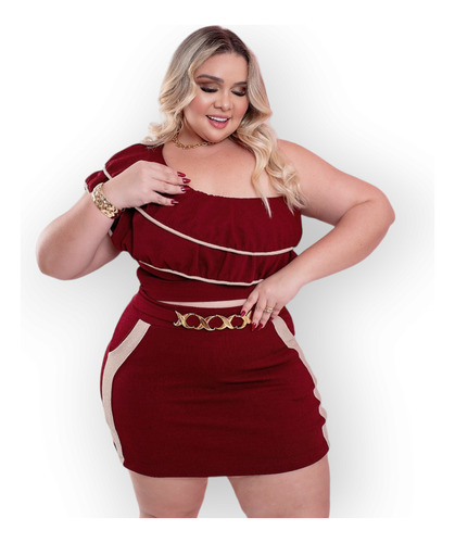 Conjunto Plus Size Short-saia E Cropped Um Ombro Babados