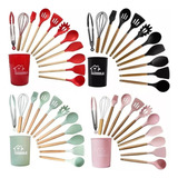 Kit 12 Utensílios De Cozinha Em Silicone E Cabo De Madeira