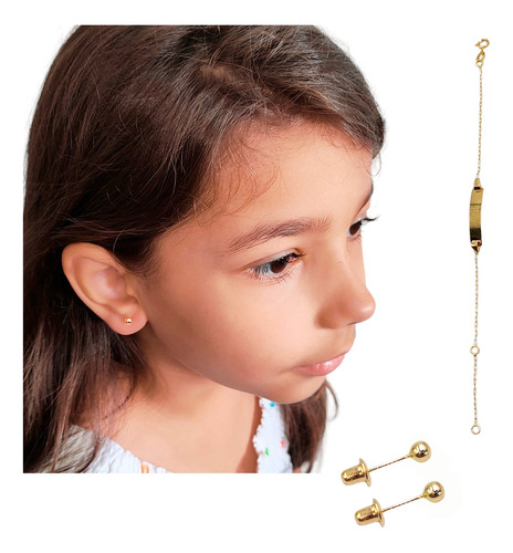 Pulseira Infantil Chapinha Com Brinco Bolinha 4 Mm Ouro 18 K