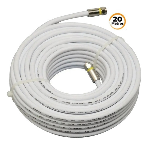 Cabo Rg6 Branco 20 Mts Coaxial Antena Tv Pronto C/ Conector