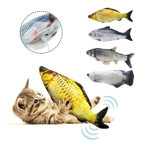 Brinquedo Elétrico Peixe Carpa Pra Gato Com Cabo Usb Cat Nip Cor Prateado