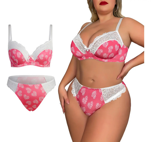 Conjunto De Lencería Flores Empalme Talla Grande Encaje Rosa