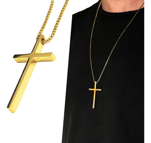 Colar Corrente Pingente Cruz Aço Masculino Crucifixo Dourado