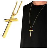 Colar Corrente Pingente Cruz Aço Masculino Crucifixo Dourado