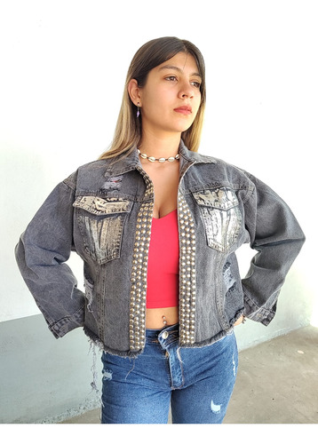 Campera Jeans Mom Overside Mujer Con Tachas De Dama