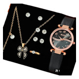 Kit Reloj Negro Lazo Para Mujer + Juego De Collar Aretes