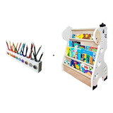 Rack Para Livros Infantil + Porta Lápis De Colorir Montessor