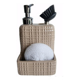 Dispenser C/esponja Cepillo Detergente Liquido Ceramica Color Beige