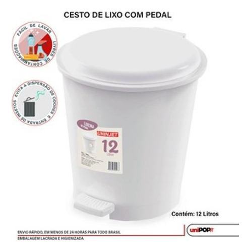 Lixeira Cozinha Banheiro Pedal Redondo Branco 12 Litros