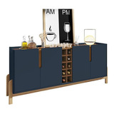 Aparador Buffet Lizz 190cm Pés Madeira Cor Azul Cobalto/cedro