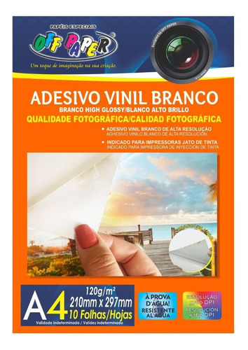 Adesivo Vinil A4 Branco Resistente A Água 10fls Off Paper