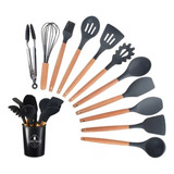 Set 12 Utensilios Cocina Mango Silicona Y Madera Repostería