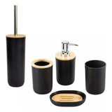 Set De Baño Bambú Plástico X5 Negro Escobilla Dispenser Jabo