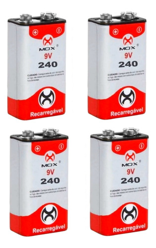 Kit Com 4 Baterias 9 Volts Recarregável 240mah Mox Premium