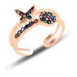 Fino Anillo De Plata .925 Mariposa Multicolor Chapa Rosa