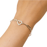 Pulsera Long Chain Corazon Acero Blanco Bañado Plata Strass