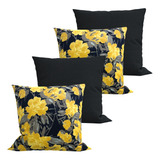 Kit 4 Capas De Almofadas Estampada Floral Amarelo E Preto