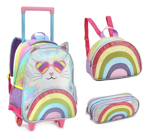 Kit Mochila Com Rodinhas Estojo Lancheira Feminina Infantil