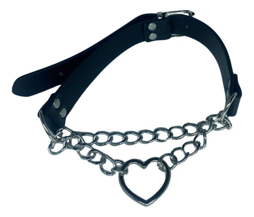 Choker Gargantilha Couro Tiras De Metal Pingente De Coração