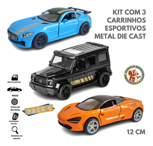 Kit 3 Carrinhos Esportivos Ferro Miniatura Carro Coleção 